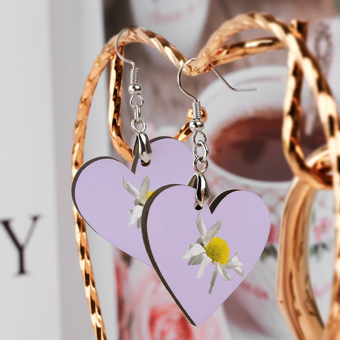 Wooden Heart Earrings Daisy Lilac