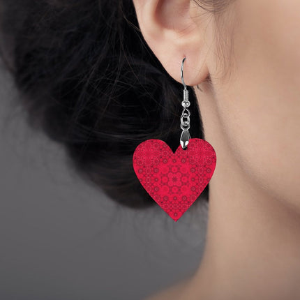 Wooden Heart Earrings Red Hollyhocks Graphic