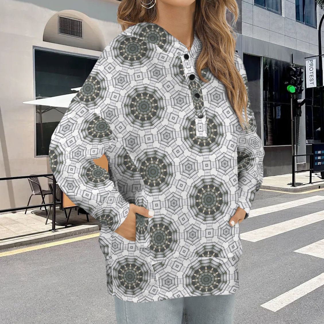 Hooded Pullover Carnival Tile White Gray Geometric