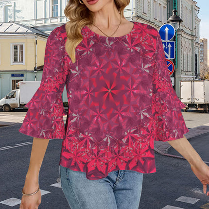 Layered Flare Sleeve Blouse Red Hollyhocks Windmill