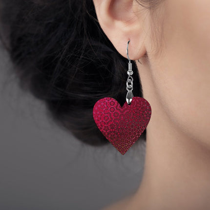 Wooden Heart Earrings Red Leaves