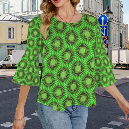 Flare Sleeve Blouse Butterfly on Green Leaves