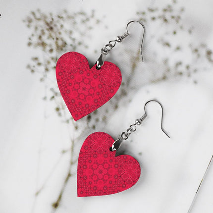 Wooden Heart Earrings Red Hollyhocks Graphic