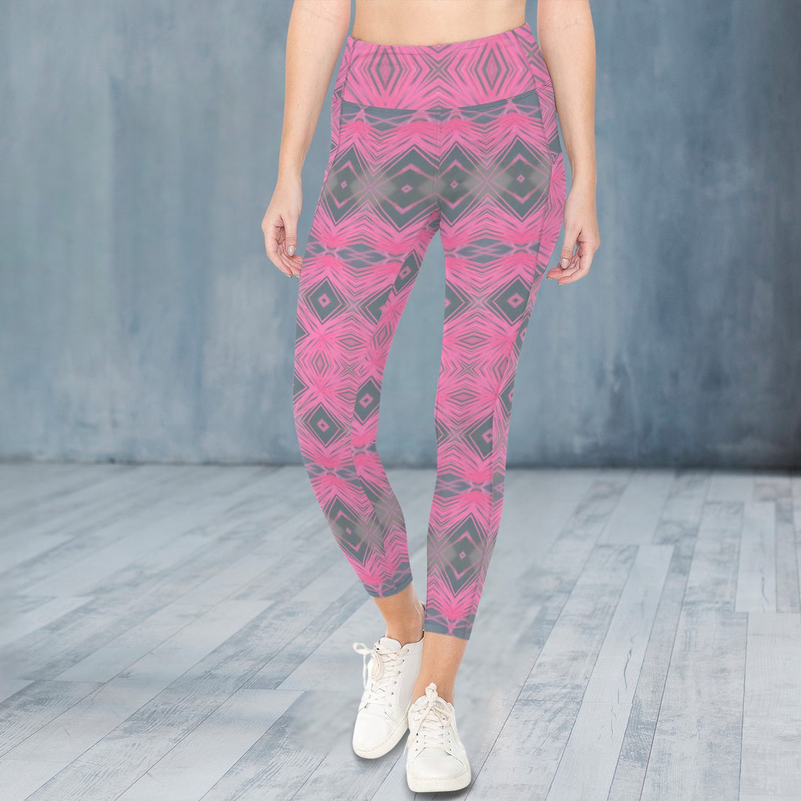 High Waist Pockets Yoga Leggings Pink Plaid