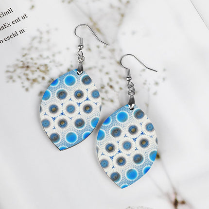 Wooden Oval Earrings Blue and White Swirl