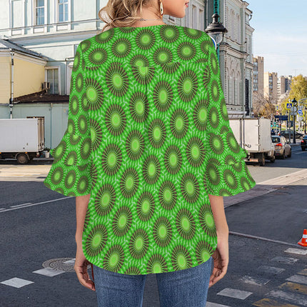 Flare Sleeve Blouse Butterfly on Green Leaves