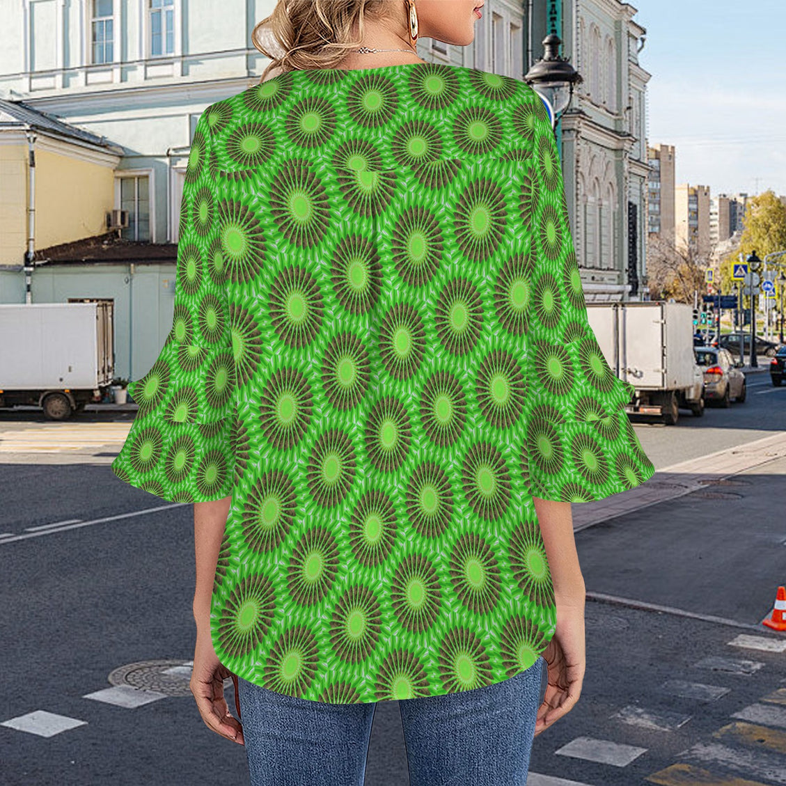 Flare Sleeve Blouse Butterfly on Green Leaves