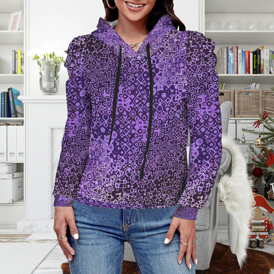 Puff Sleeve Hoodie Purple Black Graphic