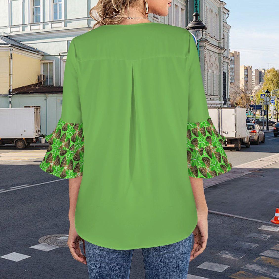 Flare Sleeve Blouse Butterfly with Green