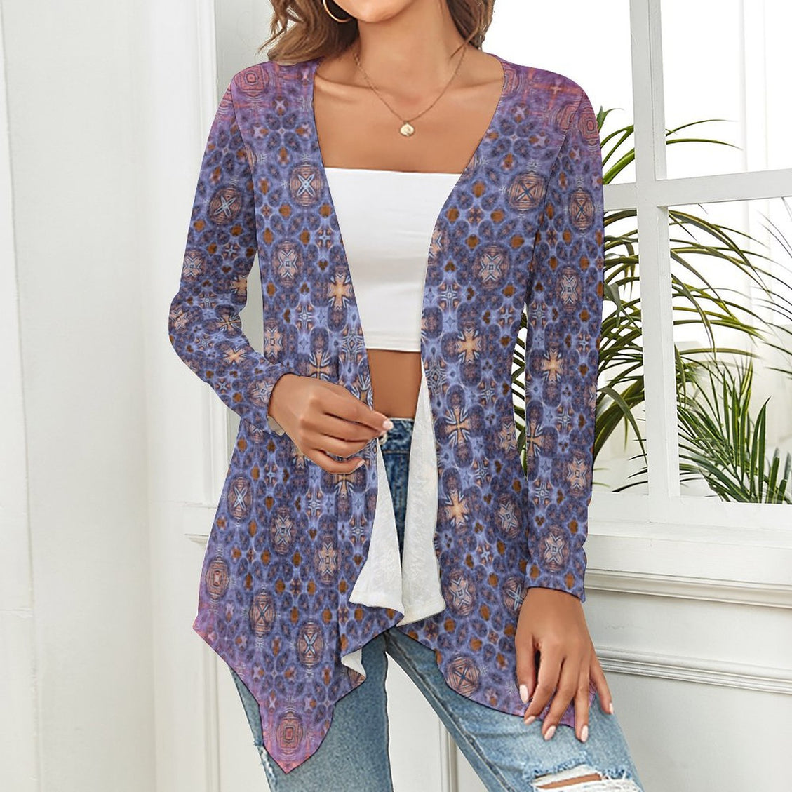 Knitted Cardigan Pheasant Feathers Mandela Lavendar and Pink