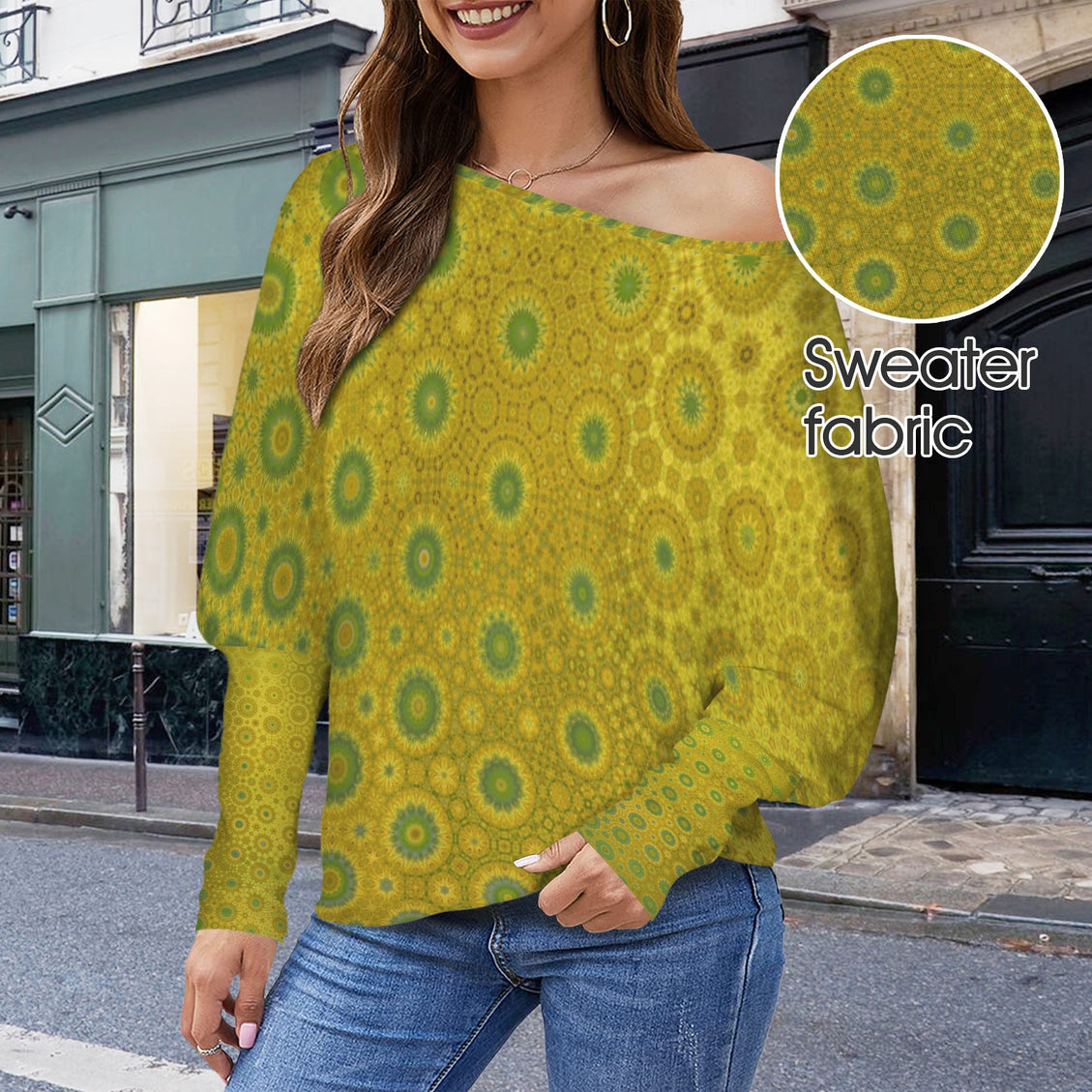Batwing Long Sleeve Sweater Green & Gold Reflections