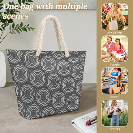 Hemp Rope Tote Bag Gray Circles