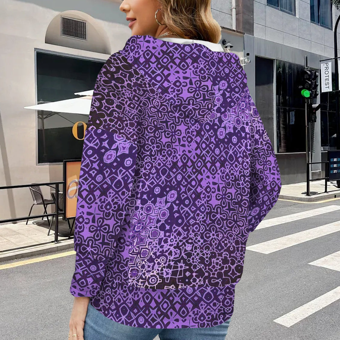 Hooded Pullover Purple Black Abstract