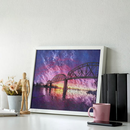 Design Diamond Painting 20"×16"(Horizontal) Sunset on the Train Bridge Missouri River