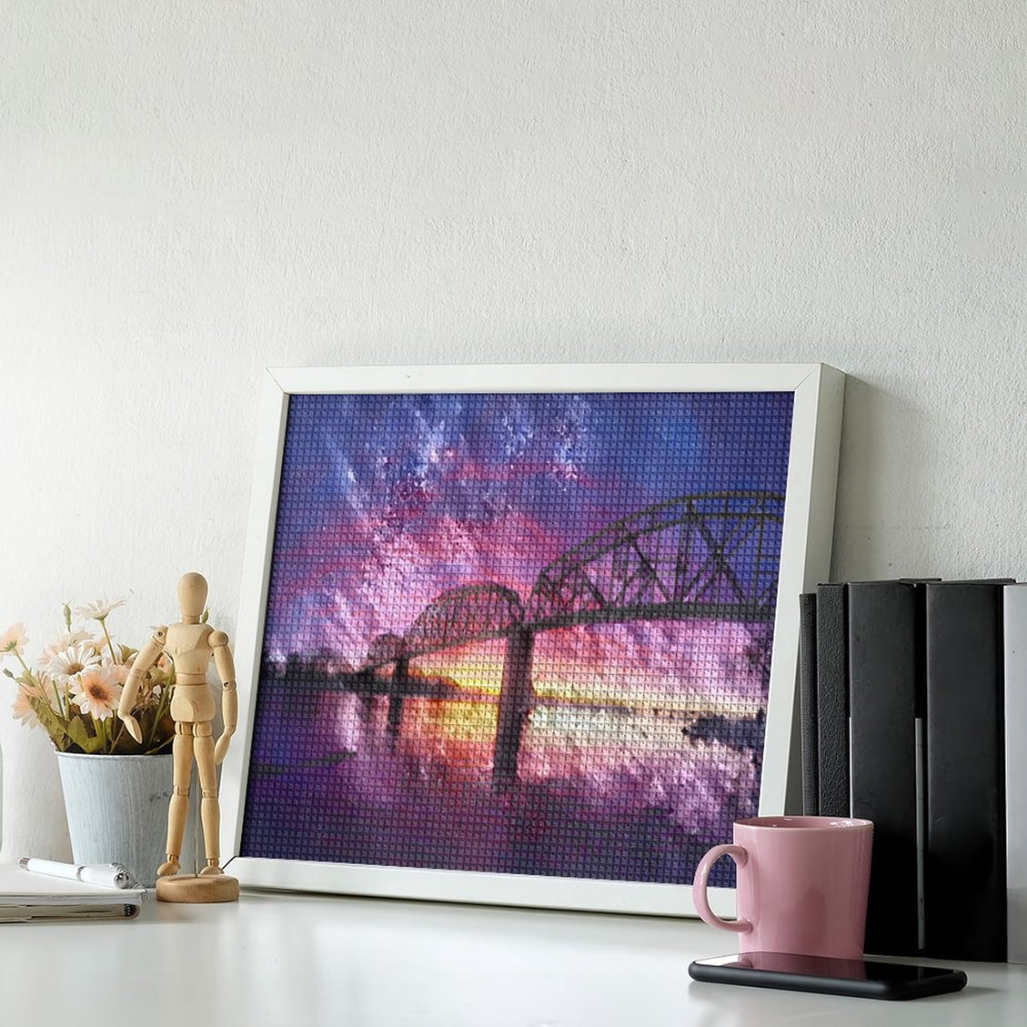 Design Diamond Painting 20"×16"(Horizontal) Sunset on the Train Bridge Missouri River