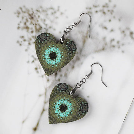 Wooden Heart Earrings Blue Moss Mandela