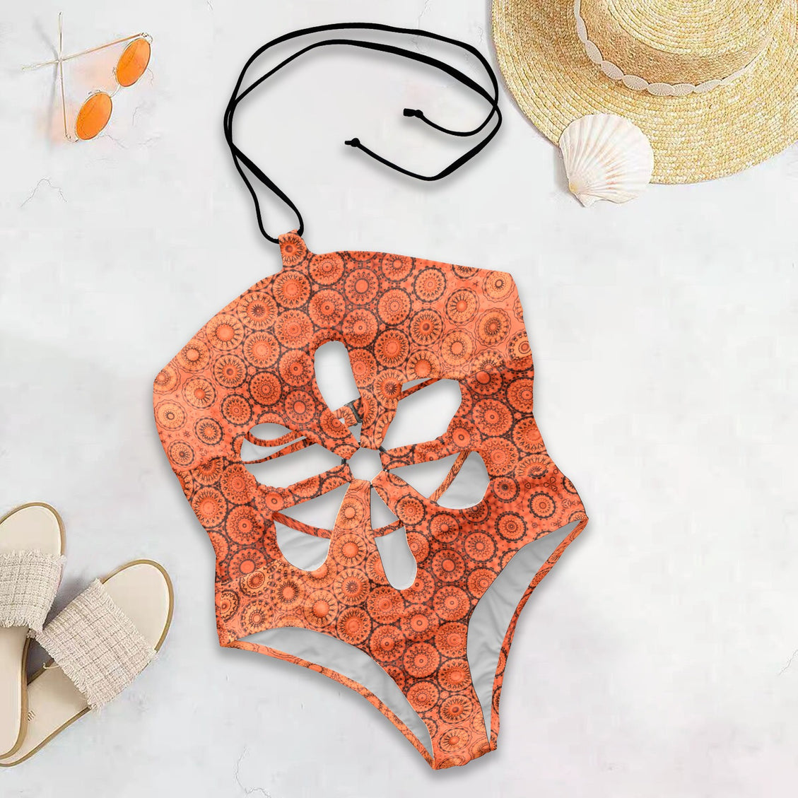 Flower Cut Out Once Piece Swimsuit Orange Sunset