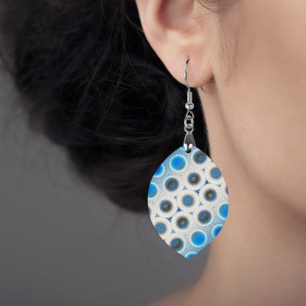 Wooden Oval Earrings Blue and White Swirl