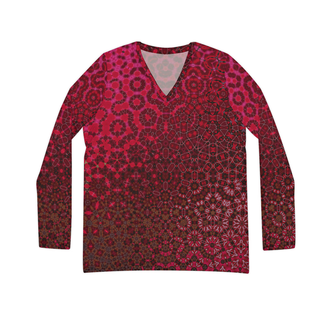 Women's Long Sleeve V-neck Shirt (AOP) Red Leaves