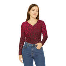 Load image into Gallery viewer, Women&#39;s Long Sleeve V-neck Shirt (AOP) Red Leaves
