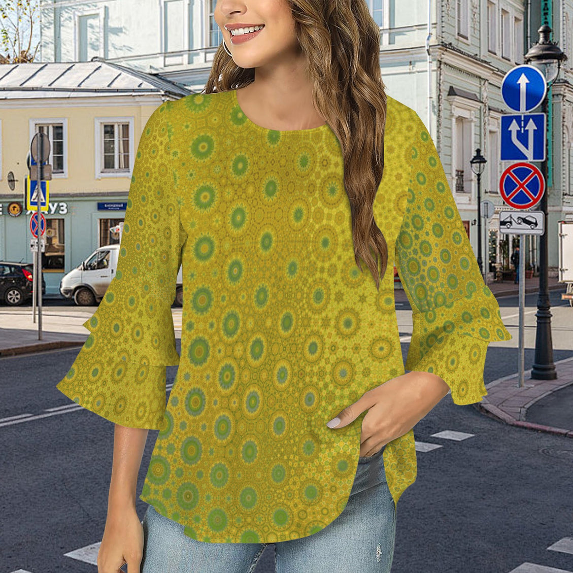 Layered Flare Sleeve Green Gold Reflections Ombre