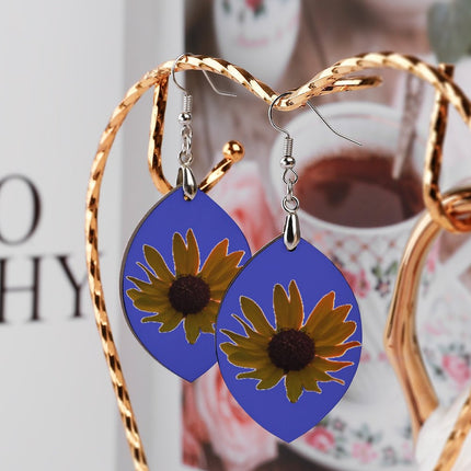 Wooden Oval Earrings Wild Sunflower Blue