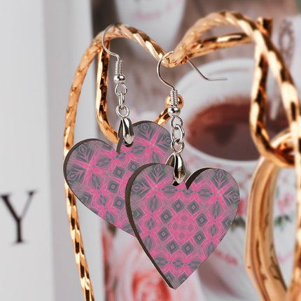 Wooden Heart Earrings PInk and Gray Plaid
