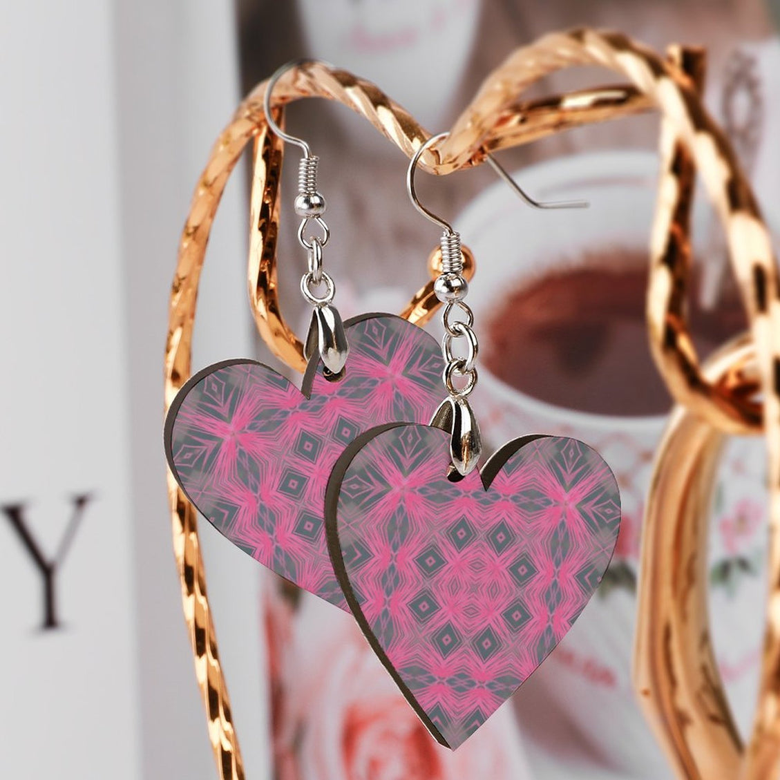 Wooden Heart Earrings PInk and Gray Plaid