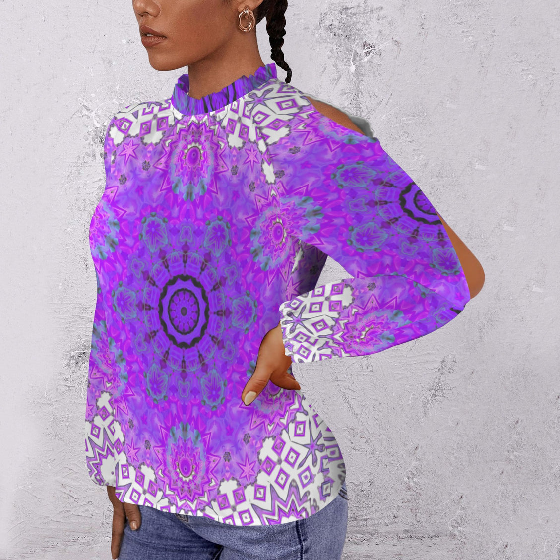 Long Slit Sleeve Blouse Bergamot Purple Green Medallion