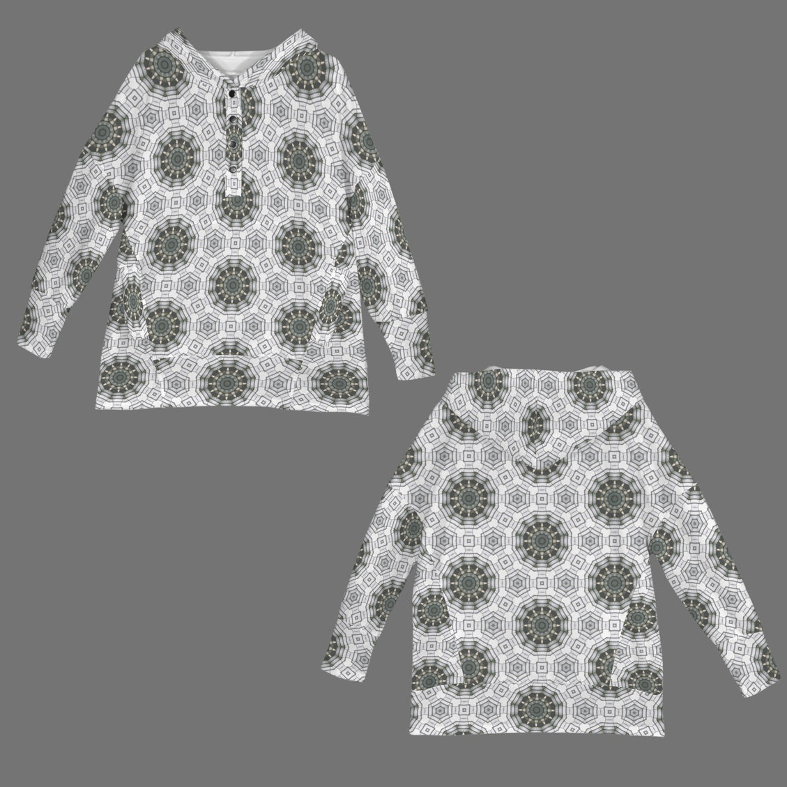 Hooded Pullover Carnival Tile White Gray Geometric