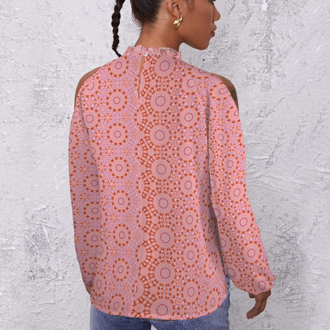 Long Slit Sleeve Blouse Pink and Coral Geometric