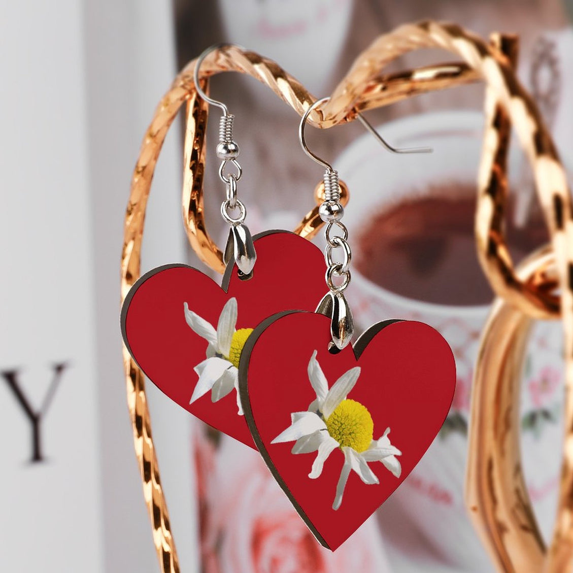 Wooden Heart Earrings Daisy Red