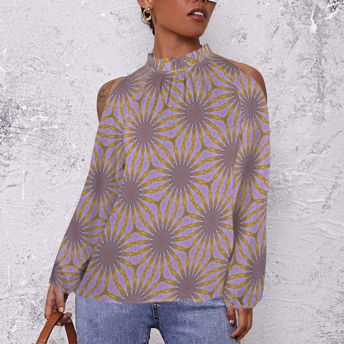 Long Slit Sleeve Blouse Lavendar Gold Flower