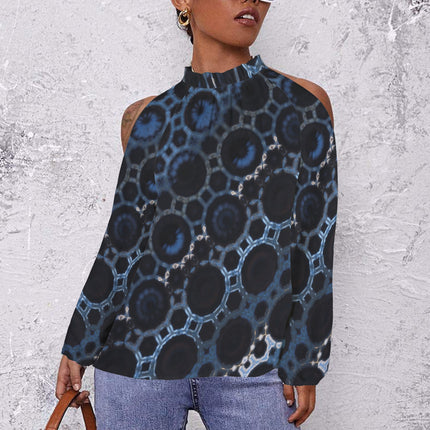 Long Slit Sleeve Blouse Blue and Black Geometric