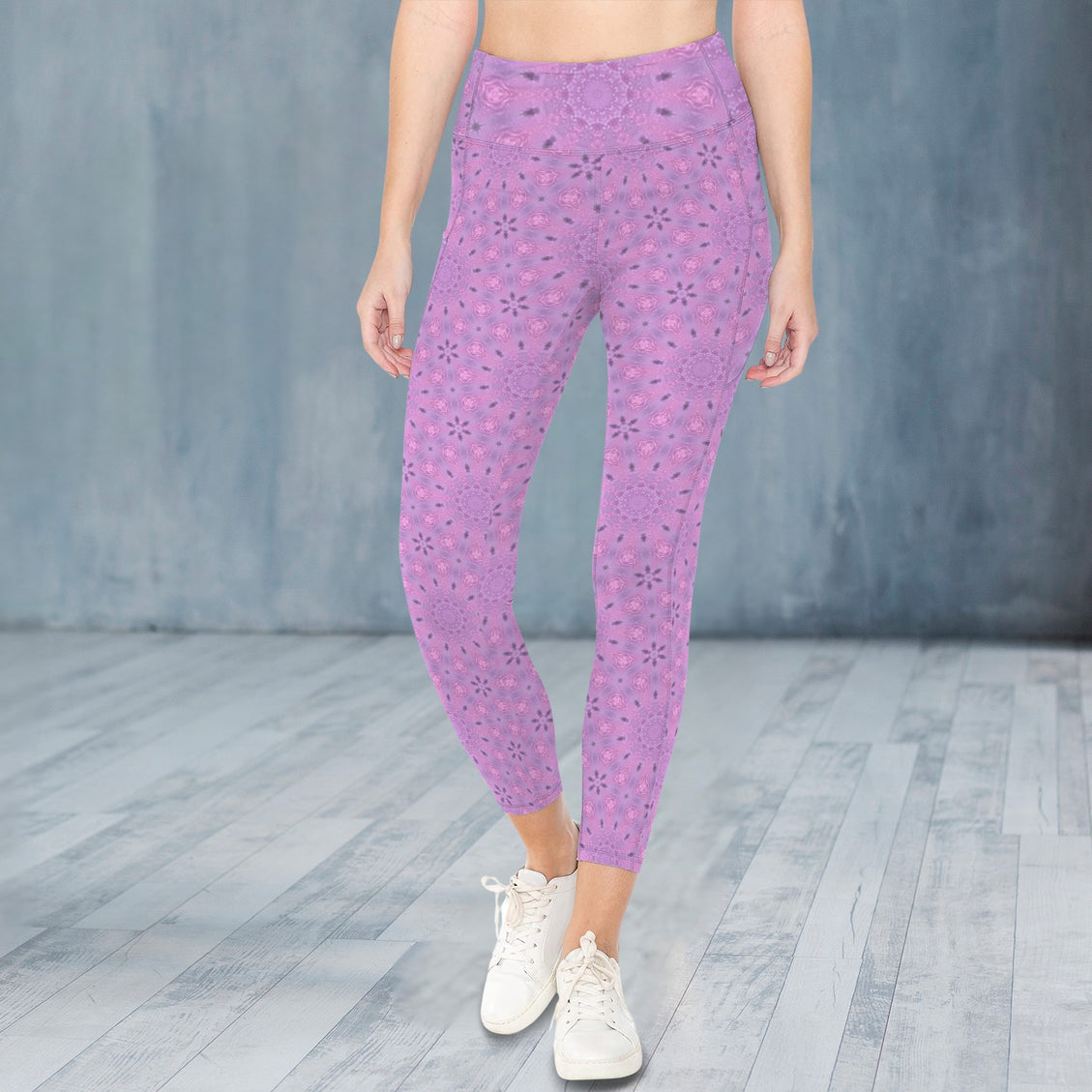 High Waist Pockets Yoga Leggings Lavendar Flower