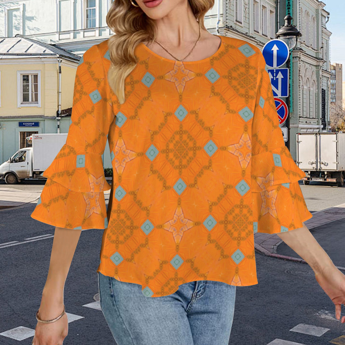 Flare Sleeve Blouse Butterfly Orange and Blue