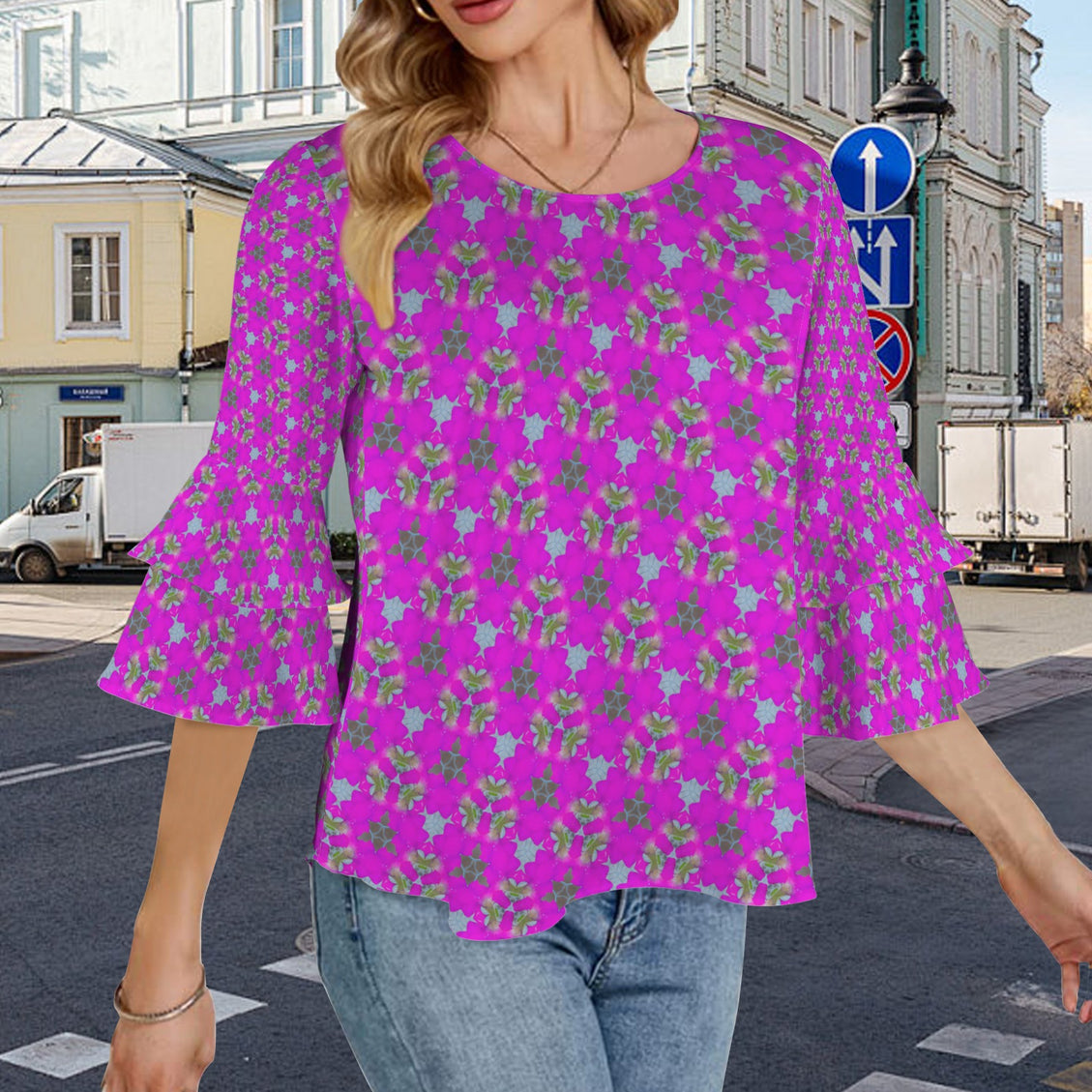 Layered Flare Sleeve Blouse Fuchsia Floral