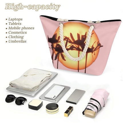 Hemp Rope Tote Bag Asters Sunset Pink