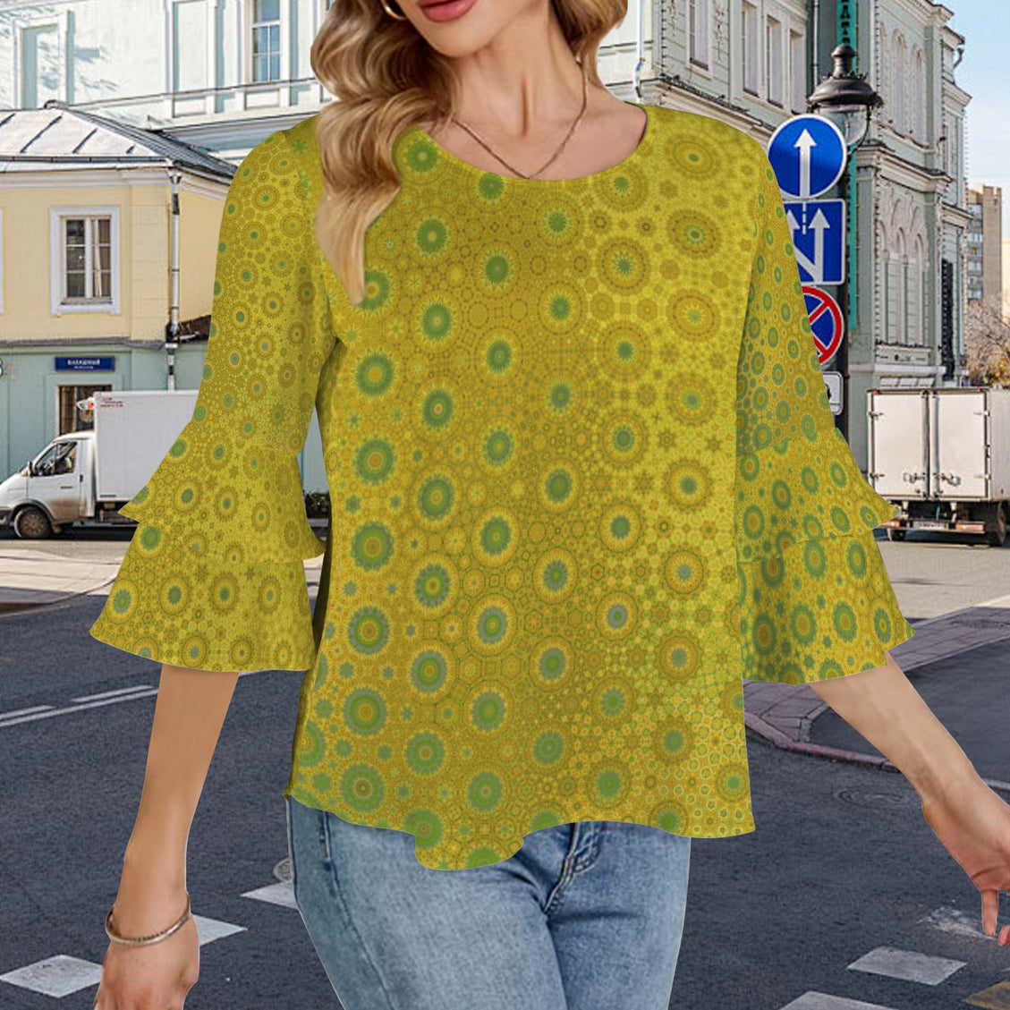 Layered Flare Sleeve Green Gold Reflections Ombre