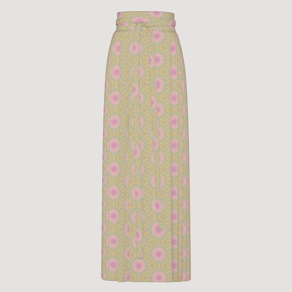 Traditional Chinese Pleated Skirt Pink Coneflowers Taupe Green