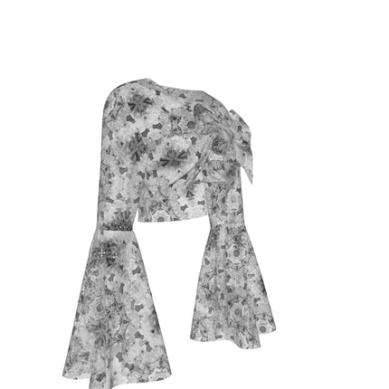 Ruffled Tie Front Cropped Blouse Black, White and Gray Graphic