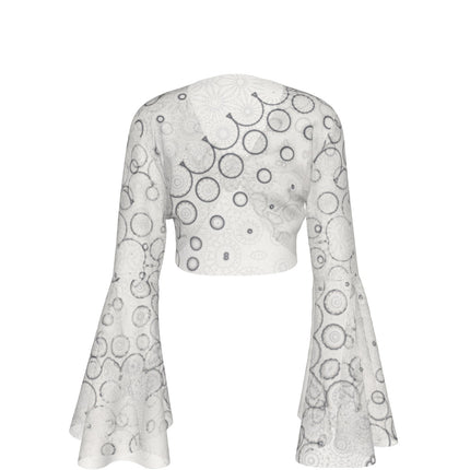 Ruffled Tie Front Cropped Blouse Ivory and Black Graphic