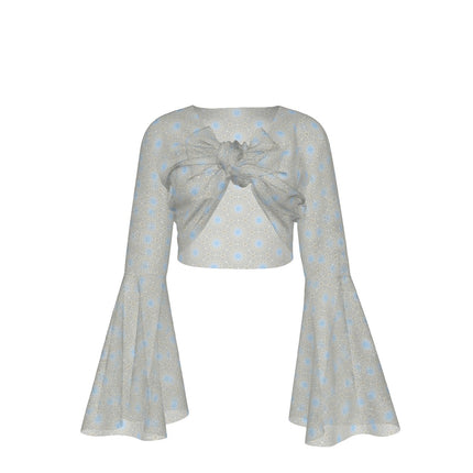 Ruffled Tie Front Cropped Blouse Dandelion Blue Geometric