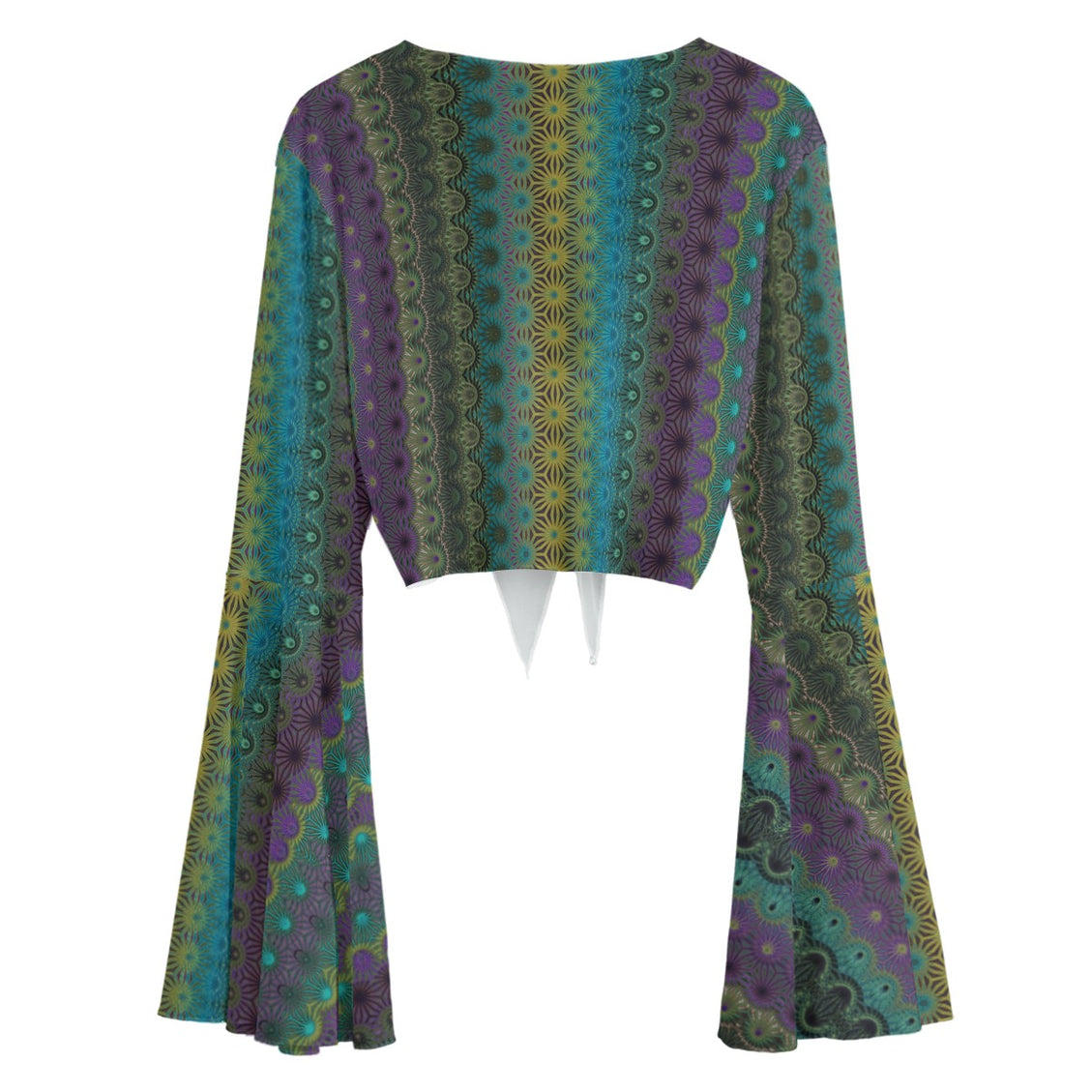 Ruffled Tie Front Cropped Blouse Peacock Feathers