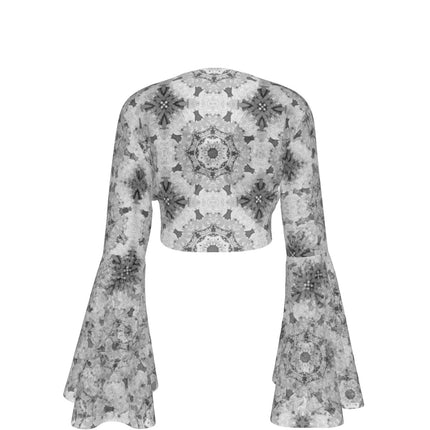 Ruffled Tie Front Cropped Blouse Black, White and Gray Graphic