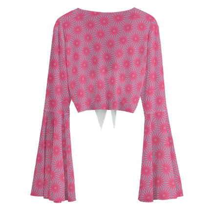 Ruffled Tie Front Cropped Blouse Pink Butterfly Balm Geometric