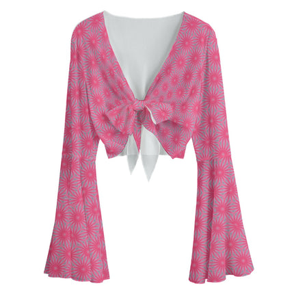 Ruffled Tie Front Cropped Blouse Pink Butterfly Balm Geometric