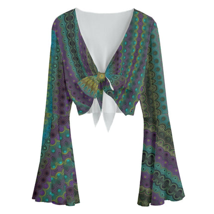 Ruffled Tie Front Cropped Blouse Peacock Feathers