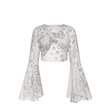 Ruffled Tie Front Cropped Blouse Ivory and Black Graphic