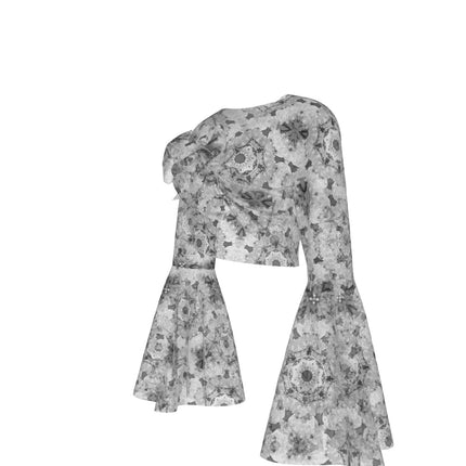 Ruffled Tie Front Cropped Blouse Black, White and Gray Graphic